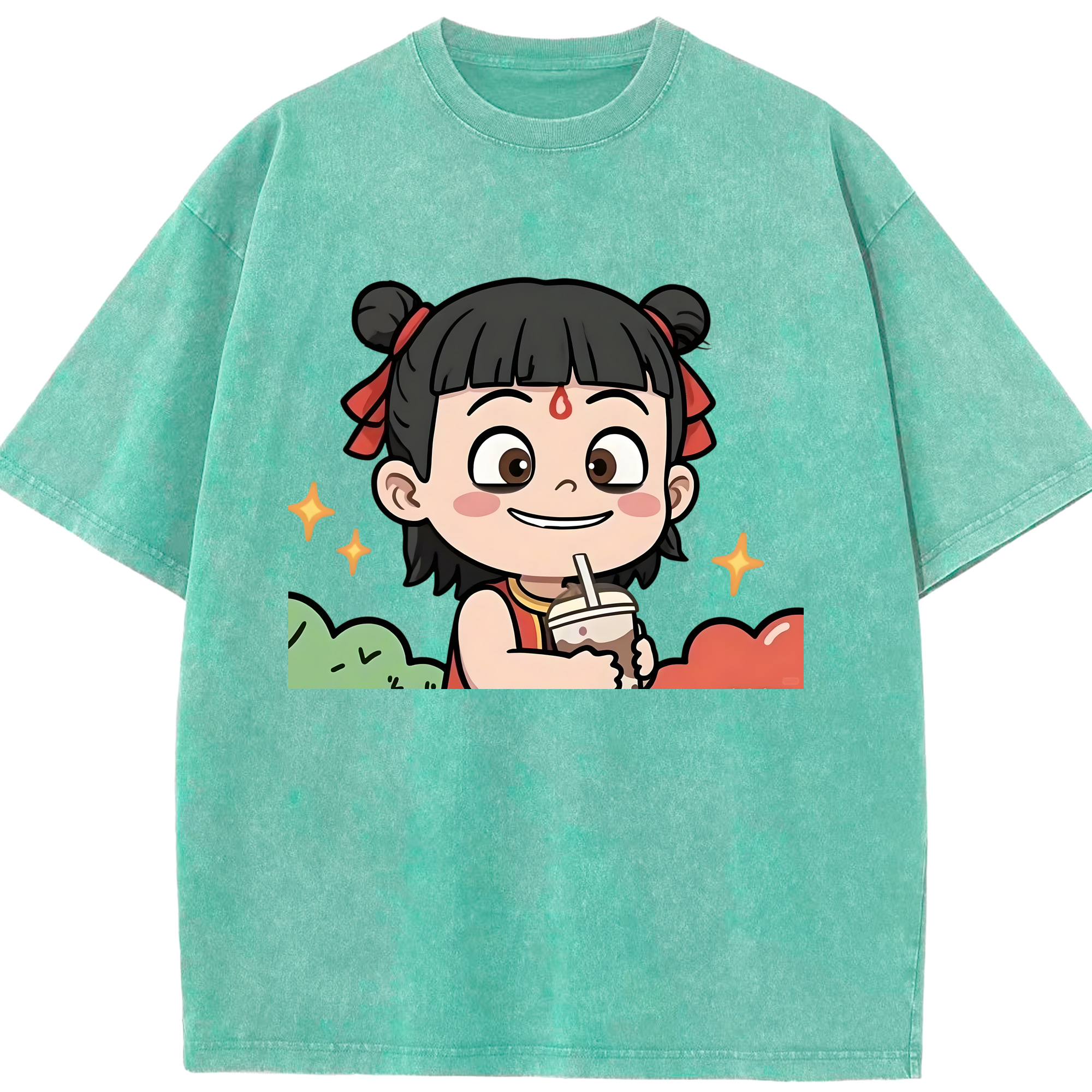 （画像用） Ne Zha 2 ナタ 魔童の大暴れ 綿100% ヴィンテージ風 半袖Tシャツ（フロントプリント）
